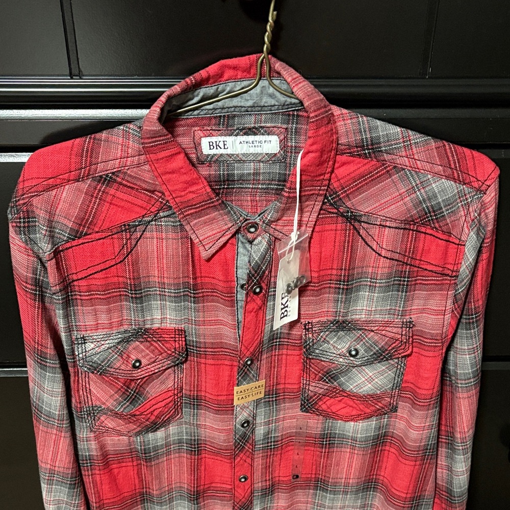 BKE Men's Red and Gray Plaid Button Down Shirt